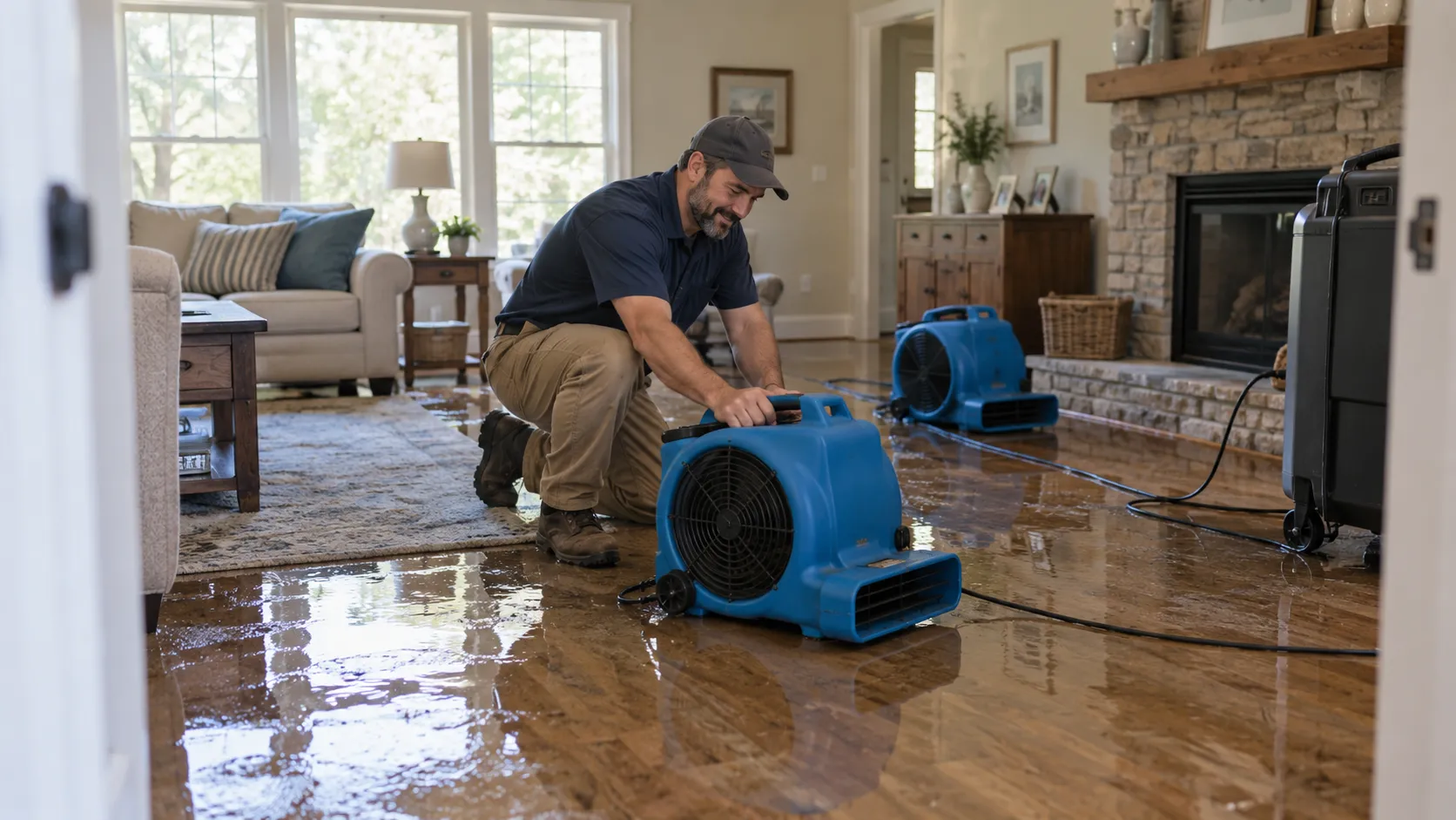 Water damage restoration technician drying a flooded living room in Cincinnati